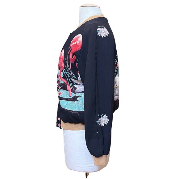 Vtg California 4-U Flamingo Print Bomber Jacket Cotton Boho Indie Retro Sz Small - Picture 2 of 8